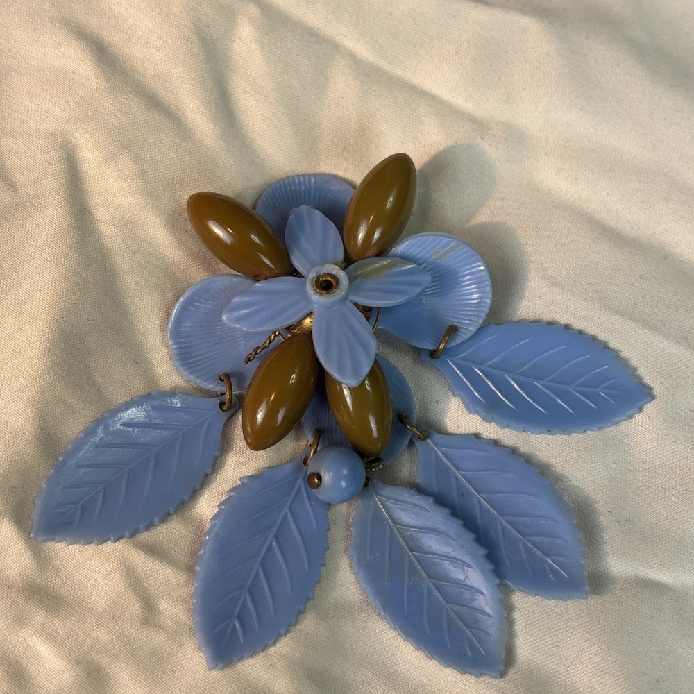 Vintage Icy Blue Floral Statement Brooch Dangling Leaves Repair‎ Project